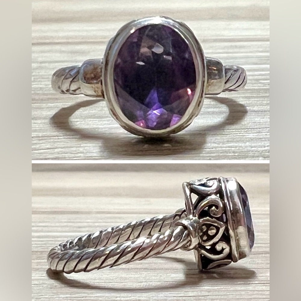 Vintage Designer Signed M ID Sterling Silver Twisted Cable Amethyst Ring, Size 5